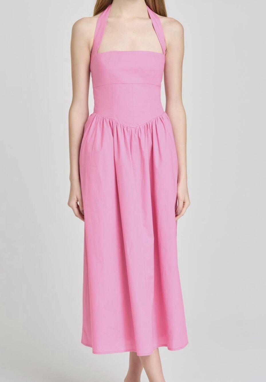WAYF Camelia Halter Neck Stretch Cotton Midi Dress Size 8 Hot Pink (AN31)